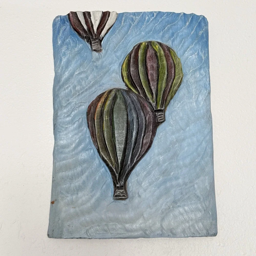 Hand Carved Wood Wall Art Hot Air Balloons Signed Lisa Doeren‎ 2018